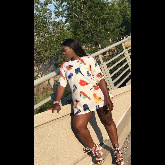 White Half Sleeve Birds pattern Random Loose Dress - Picture 2 of 3